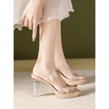 透明高跟涼鞋女夏高跟鞋2025新款一字帶粗跟防水臺水晶鞋坡跟涼拖