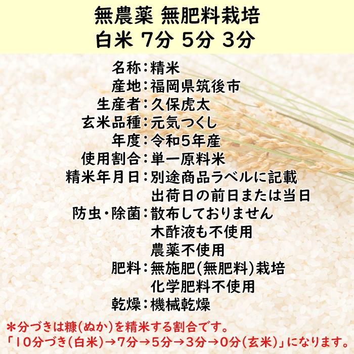 無農薬 無肥料 栽培米 5Kg 選べる 白米 分づき 福岡県産 令和5年度産 元気つくし 筑後久保農園