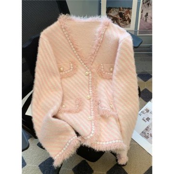 加厚仿貂絨2023秋冬新款法式溫柔風軟糯長袖小香風針織衫短外套女