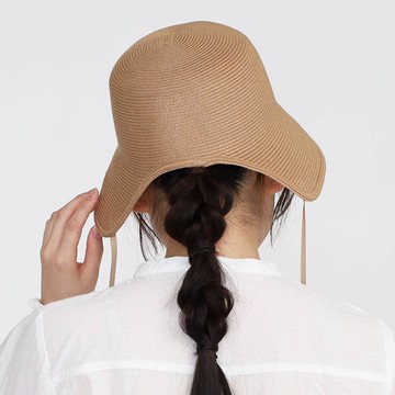 日本 AUBE - 秀氣絲帶可翻摺編織遮陽帽-摩卡棕