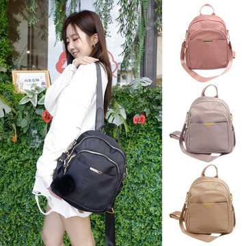 mizzue 三層尼龍毛球後背包 肩背包 女生包包 防潑水尼龍後背包 附毛球吊飾 3203