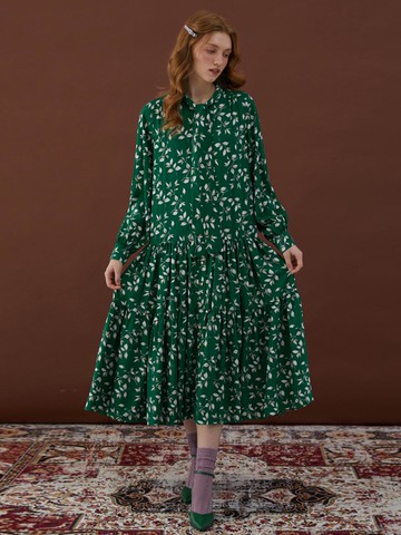 Katiacho Ribbon Tie Tiered Flower Dress [Pink/Green]