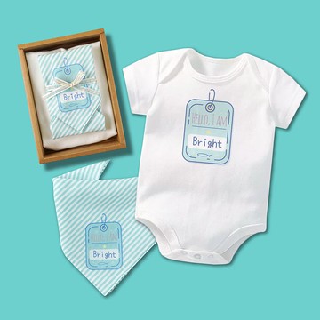 Hello, I am 土耳其藍名牌 姓名客製 短袖包屁方巾/口水巾禮盒