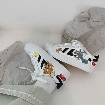 貓和老鼠聯名款帆布鞋男女低幫板鞋百搭學生動漫涂鴉休閑鞋運動鞋