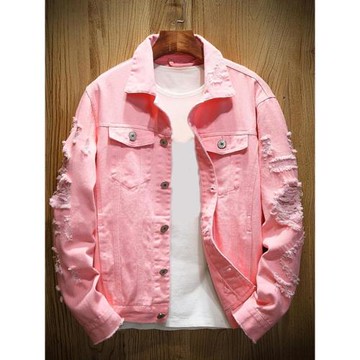 Cherry pink boy ripped denim jacket櫻桃粉男生破洞 牛仔夾克衫