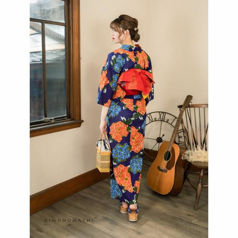 Prices down2）浴衣 レディース 「紫陽花 紺」綿絽 大人 女性