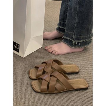 平底拖鞋女外穿2024夏季新款韓版時尚方頭百搭交叉帶一字懶人涼拖