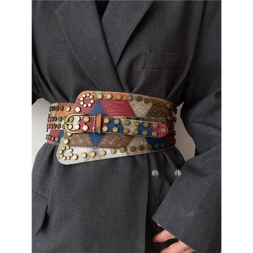 柳吳偉歐美復古鉚釘彈力松緊腰帶女配裙子西裝外套百搭腰封裝飾寬