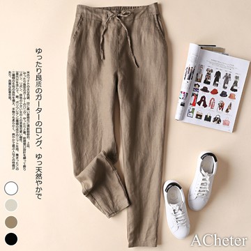 【ACheter】日本東京時尚高腰後鬆緊棉麻寬直筒九分褲 # 108992(現貨+預購)