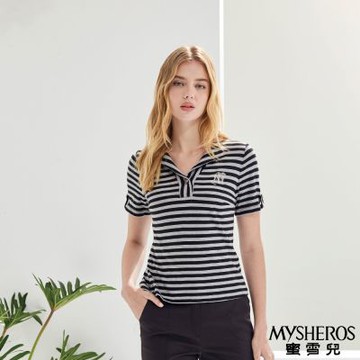 【MYSHEROS 蜜雪兒】條紋開襟V領字母貼鑽純棉上衣-灰
