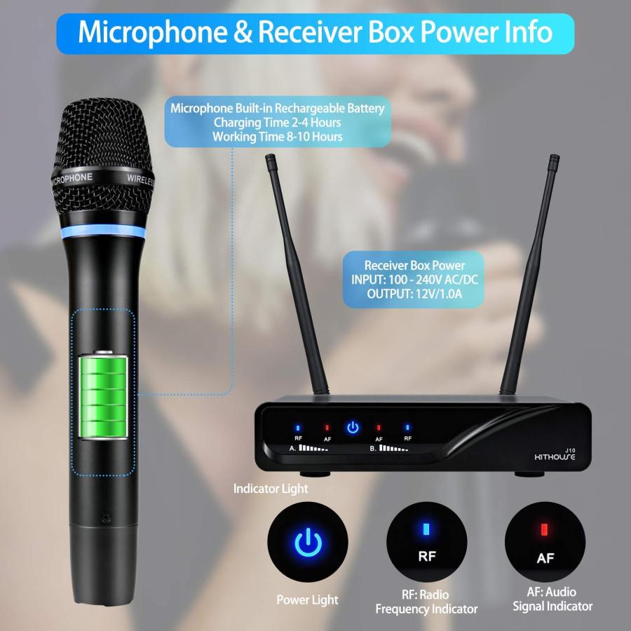 Kithouse J10 Wireless Microphone Karaoke System Rechargeable, UHF Metal Cordless Microphone Handheld with Volume Echo Treble BASS Control an