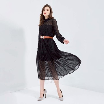 HONOR優雅小圓點透膚拼接紗洋裝-黑