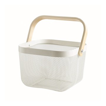 E.dot 文藝木質提手網狀瀝水收納籃 鐵藝置物籃  24 x 25 x 18cm  白色  1個