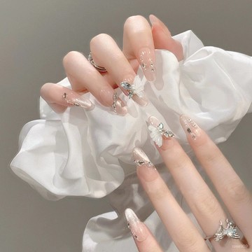 ➕最新設計款穿戴甲💅純手工蝶僊子貓眼穿戴甲戴鑽白蝴蝶年新款美甲貼片高端顯白短梯穿戴甲 HXDD