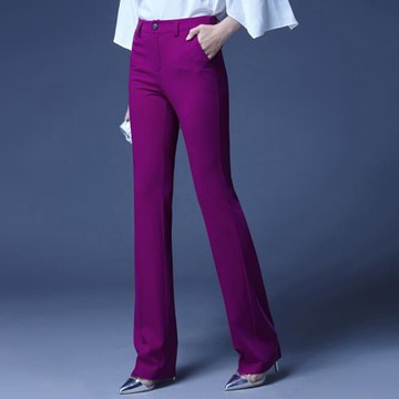 小微喇叭女褲黑夏季薄款時尚OL修身顯瘦紫紅休閑直筒職業長褲微彈