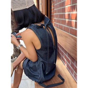 韓國chic夏季復古小心機露背綁帶蝴蝶結設計寬松流蘇背心連衣裙女