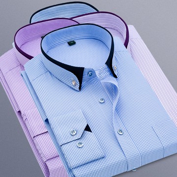 【現貨】格紋免燙商務襯衫男長袖 工作襯衫 男生襯衫 青年長袖襯衫 抗皺紐扣領長袖襯衣 藍色襯衫上衣 多色可選