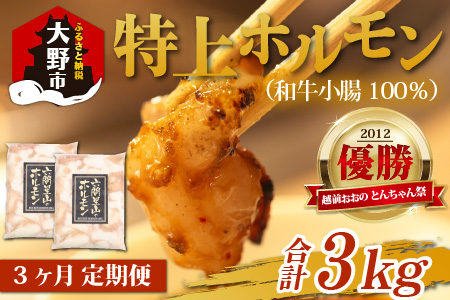 とんちゃん祭2012年優勝商品！特上ホルモン（和牛小腸100％）1kg（500g×2袋）×3回　合計3kg[D-026001]