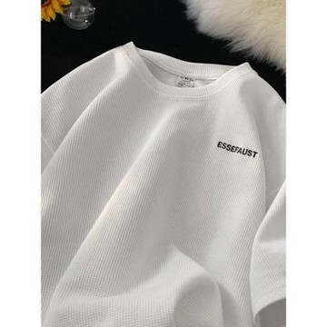 字母刺繡華夫格短袖t恤男2025新款美式復古重磅上衣男生半袖體恤