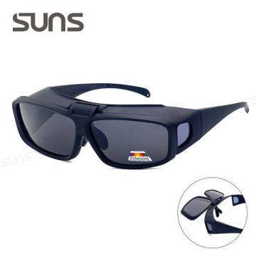 【SUNS】外掛全罩式 上翻式偏光墨鏡 Polarized包覆式眼鏡 黑框黑腳 抗UV400/可套鏡/台灣製/防眩光/遮陽