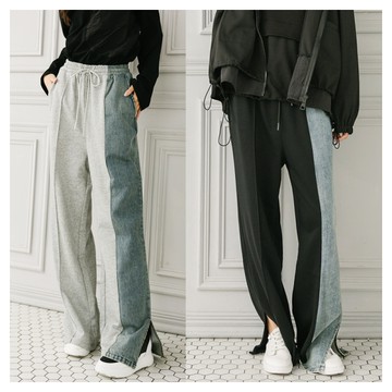 iNio 長褲 棉質 牛仔拼接 鬆緊腰 寬褲 直筒褲 CCW2508