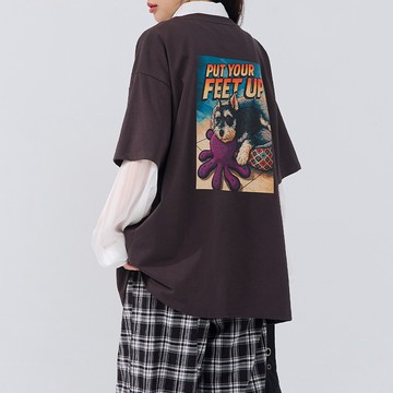 QUEENSHOP_S 女裝 短袖 RELAX休閒小狗印圖涼感寬版上衣 兩色售 現+預 【01190339】