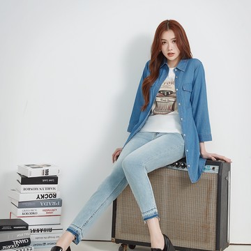 VICTORIA 天絲棉七分袖綁帶牛仔襯衫-V90123-74