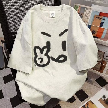 重磅純棉趣味表情印花短袖T恤情侶裝ins夏季休閑洋氣寬松潮流上衣