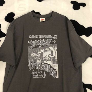 日落山海 美式復古印花短袖T恤男女情侶寬松百搭oversize寬松半袖