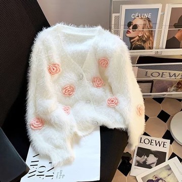 [巴黎精品] 針織外套長袖毛衣-立體花朵軟糯寬鬆女外套2色m1ab60