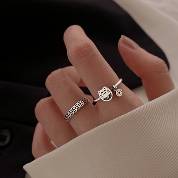 銀奧925純銀招財貓戒指女年新款潮銅錢幣食指戒情侶指環套裝