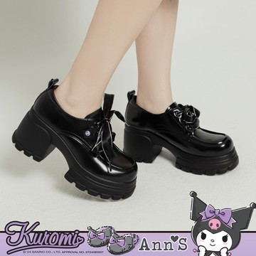 Ann’S X Sanrio三麗鷗 酷洛米聯名 綁帶真皮 輕量厚底樂福鞋 (附兩種鞋帶)7.5cm-黑