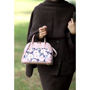 handmade全手縫真皮斜挎包手提包手作貝殼包粉色花卉