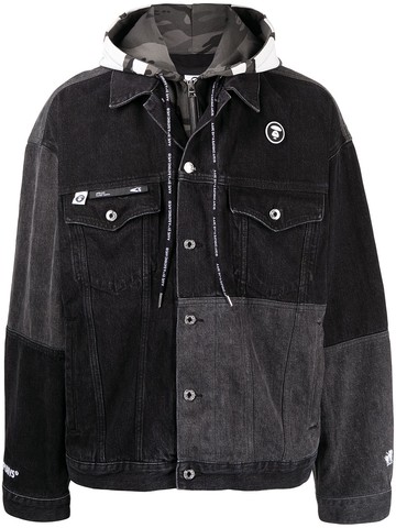 AAPE BY *A BATHING APE® - patchwork hooded denim jacket - men - Cotton - S - Black