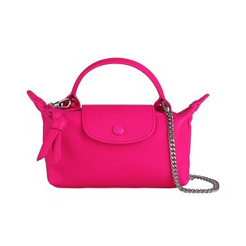 LONGCHAMP 羊皮Le Pliage Xtra系列壓印LOGO鍊帶亮彩時尚拉鍊肩背/手拿包(XS/桃粉紅)