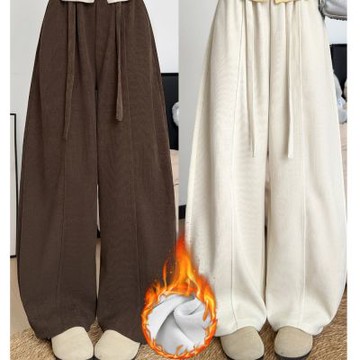 La Belleza韓版顯瘦鬆緊腰綁帶內裡加絨加厚超保暖棉絨防寒流彎刀褲休閒長褲