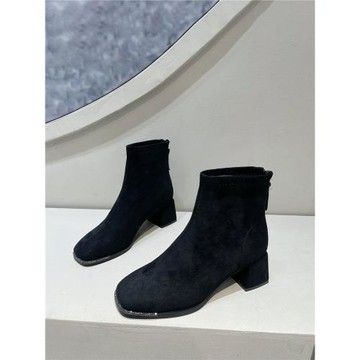 絨面短靴女2025新款秋冬加絨配裙子粗跟切爾西靴瘦瘦靴高跟時裝靴