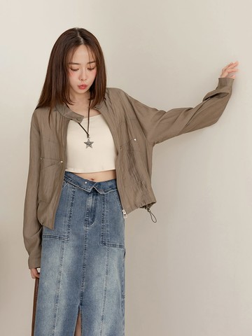 小立領造型口袋腰抽繩拉鍊外套