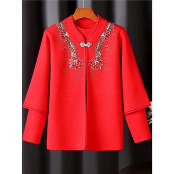 媽媽裝針織羊毛呢子繡花兩件套老太太生日唐裝禮服喜婆婆秋冬外套