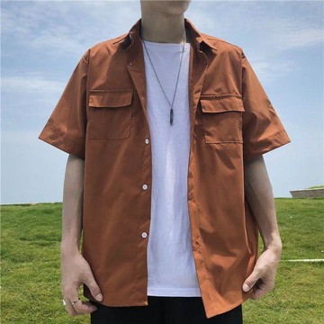 咖啡色復古工裝襯衫男短袖韓版純色口袋襯衣潮流夏季五分半袖日系