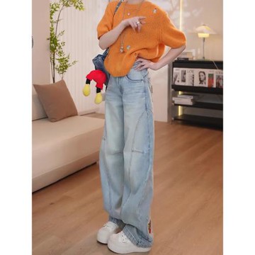 (免運)卡通刺繡彎刀闊腿牛仔褲女春秋2026年新款時尚潮流小個子香蕉褲子