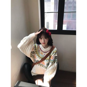 (免運)軟糯費爾島毛衣女秋冬加厚小個子寬松慵懶風圓領針織衫套頭上衣