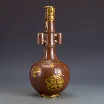 宋定窯紫金釉貼金貫耳瓶古董古玩收藏真品復古瓷器老物件瓷器擺件