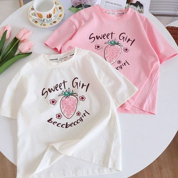 女童短袖夏季T恤新款女孩洋氣半袖純棉兒童上衣衣服夏裝卡通 女童短袖上衣 中大童 韓版打底衫 百搭短袖T恤 兒童夏天衣服