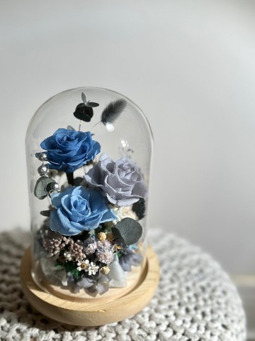 復古藍調永生花玻璃罩 情人節禮物 居家擺設 浪漫情人花禮