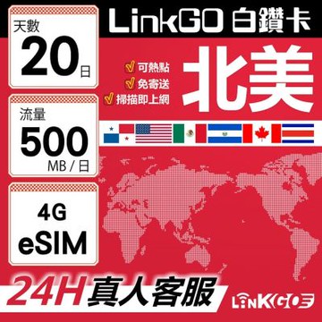LinkGO白鑽卡 北美 eSIM卡 20天上網卡 每日500MB 高速流量(北美網卡 美國 加拿大 墨西哥 巴拿馬)