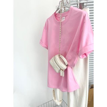 歐貨奶油粉紅色短袖t恤女2025年夏新款寬松純棉圓領休閑百搭純色