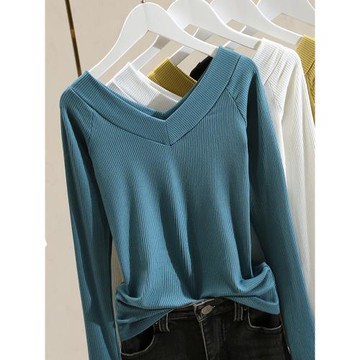 2025秋裝新款純棉大v領露鎖骨開肩上衣修身打底衫內搭長袖t恤女潮