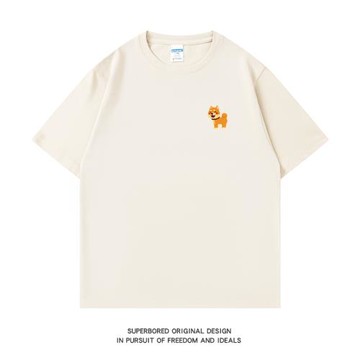 夏季趣味簡約胸標小柴犬短袖t恤男純棉寬松休閑圓領半袖體恤衫