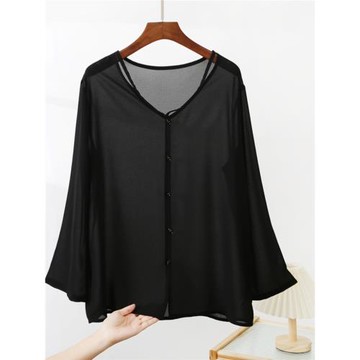 不輸蠶絲品質@飄逸雪紡大碼罩衫女輕薄外搭中國風上衣空調外披夏